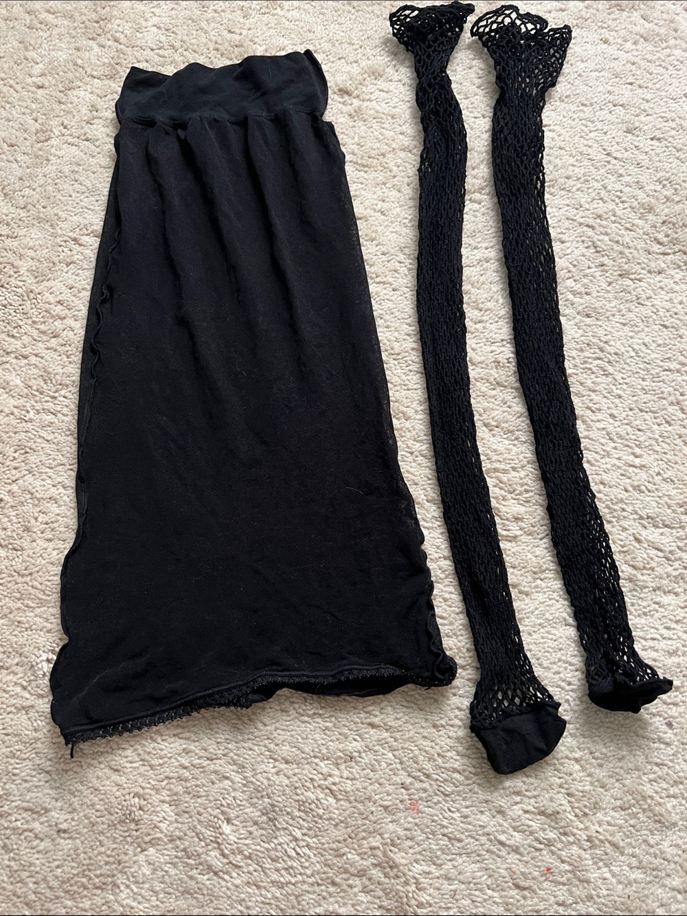 Black nylon Tube Skirt or strapless dress with Fishnet Leg stockings